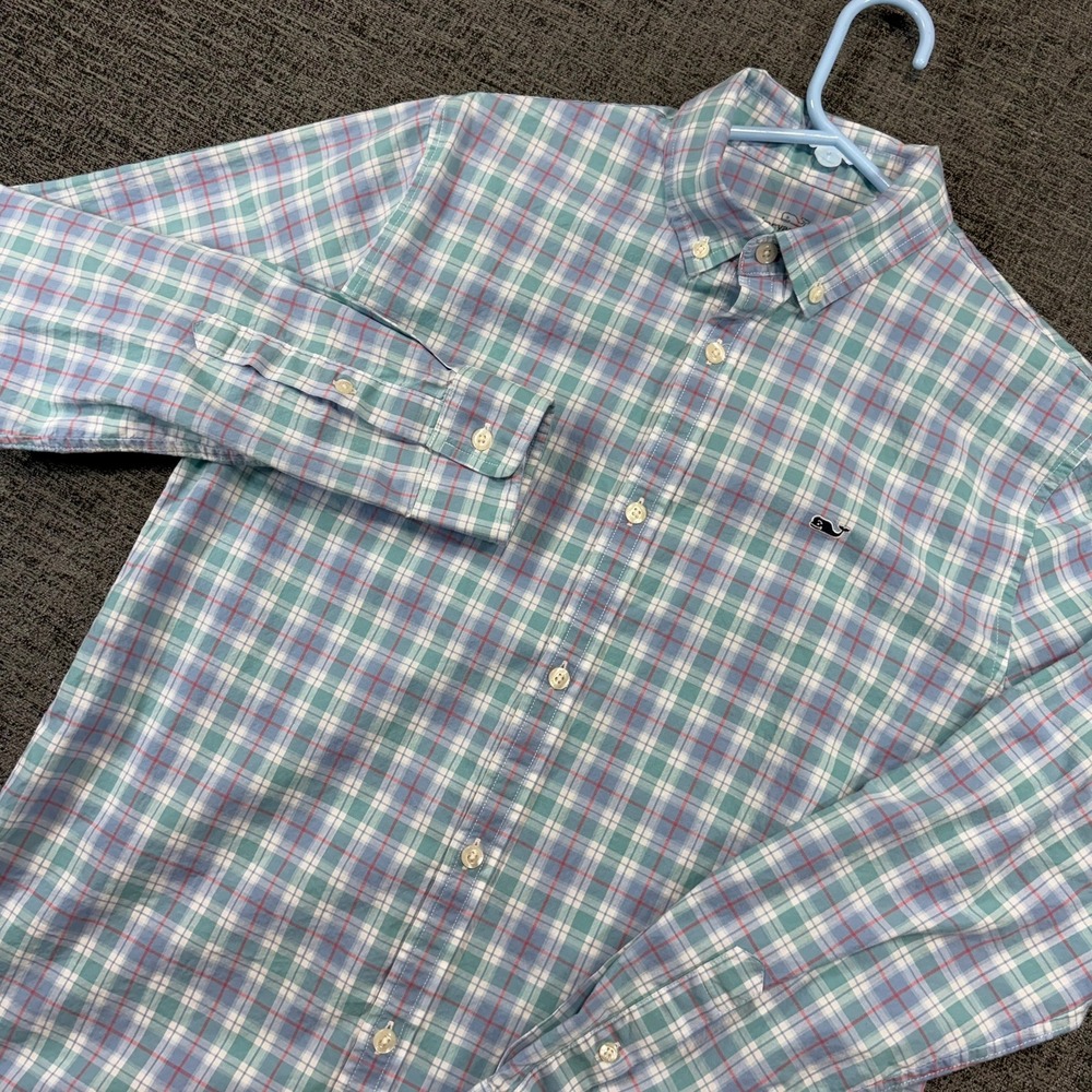 Vineyard Vines Button Down Shirt Boys XL 18 Blue Green Plaid 3W001200